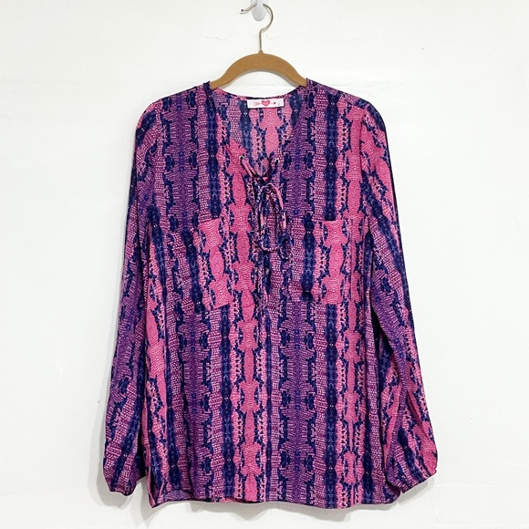 BUDDY LOVE Women Lace Up Blouse Pink Blue Reptile Print Puff Long Sleeve Large - Picture 1 of 6
